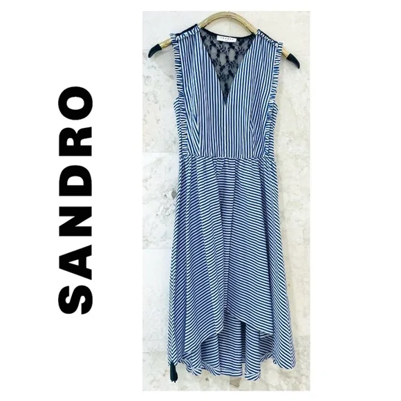 NWT SANDRO Dress Blue White Striped Cotton Lace Back "Gana" - Picture 1 of 13
